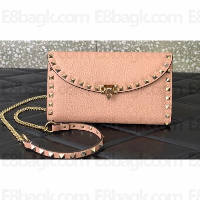 Valentino Rockstud Wallet With Chain in Grainy Calfskin Nude Pink 2024