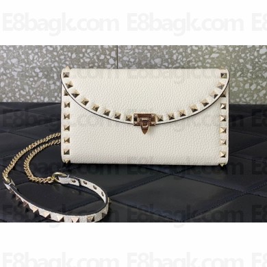 Valentino Rockstud Wallet With Chain in Grainy Calfskin White 2024