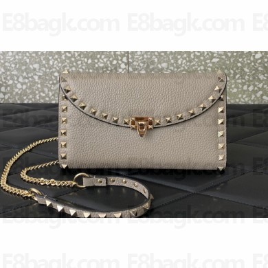 Valentino Rockstud Wallet With Chain in Grainy Calfskin Gray 2024