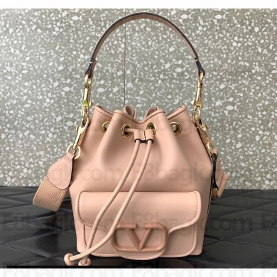 Valentino Locò Bucket Bag In Calfskin Leather Nude With Enamel Tone-On-Tone Vlogo Signature 2024
