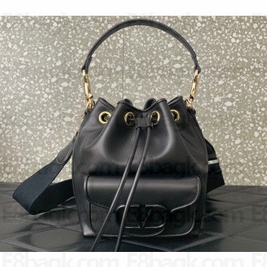 Valentino Locò Bucket Bag In Calfskin Leather Black With Enamel Tone-On-Tone Vlogo Signature 2024