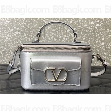 Valentino Mini Locò Handbag In Calfskin Leather Silver With Enamel Tone-On-Tone Vlogo Signature 2024