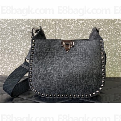 Valentino Rockstud Hobo Bag in Grainy Calfskin Black 2024
