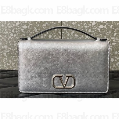 Valentino Vlogo Signature Wallet With Chain in Grainy Calfskin Silver 2024