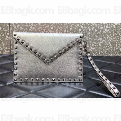 Valentino Rockstud Pouch Clutch Bag in Grainy Calfskin Silver 2024