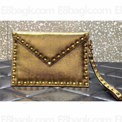 Valentino Rockstud Pouch Clutch Bag in Grainy Calfskin Gold 2024