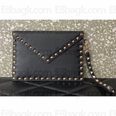 Valentino Rockstud Pouch Clutch Bag in Grainy Calfskin Black/Gold 2024