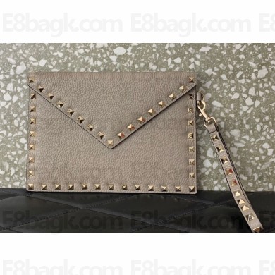 Valentino Rockstud Pouch Clutch Bag in Grainy Calfskin Gray 2024