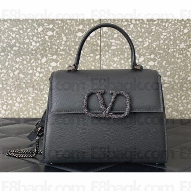 Valentino small VSLING Handbag in grainy calfskin Black with JEWEL EMBROIDERY 2024