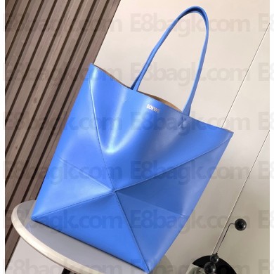 Loewe Large Puzzle Fold Tote Bag in shiny calfskin Blue 2024