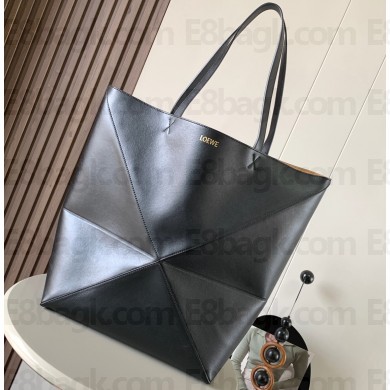 Loewe Large Puzzle Fold Tote Bag in shiny calfskin Black 2024
