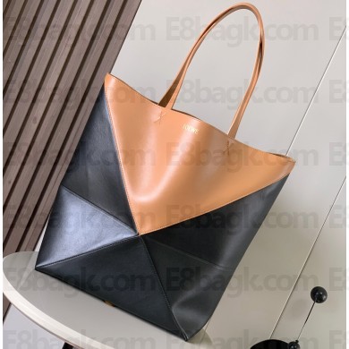 Loewe Large Puzzle Fold Tote Bag in shiny calfskin Black/Brown 2024
