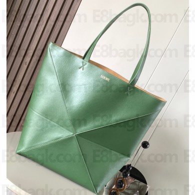 Loewe Large Puzzle Fold Tote Bag in shiny calfskin Green 2024
