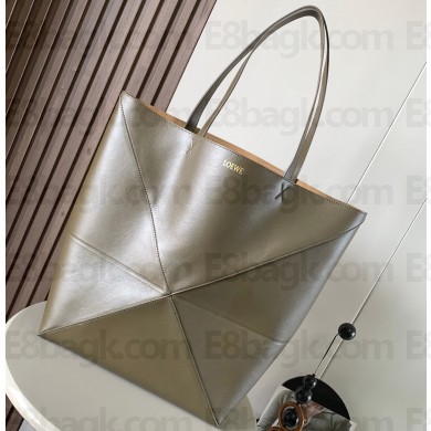 Loewe Large Puzzle Fold Tote Bag in shiny calfskin Olive Green 2024