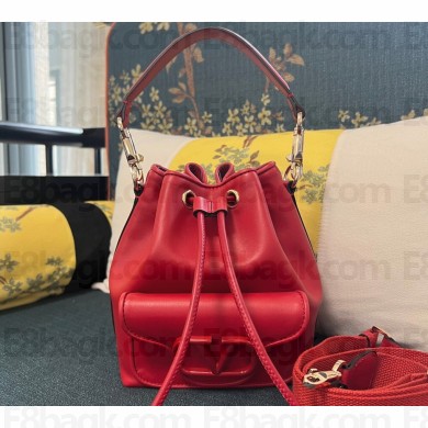 Valentino Locò Bucket Bag In Calfskin Leather Red With Enamel Tone-On-Tone Vlogo Signature 2024