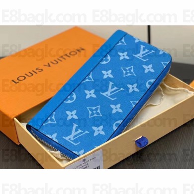 Louis Vuitton Taiga cowhide leather and Monogram canvas Zippy Vertical Wallet Blue 2024