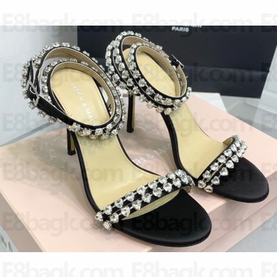 Mach & Mach Heel 9.5cm Audrey Crystal Heart Ankle Strap Sandals in Satin Black 2024