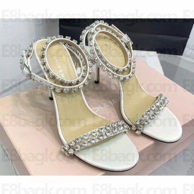Mach & Mach Heel 9.5cm Audrey Crystal Heart Ankle Strap Sandals in Satin White 2024