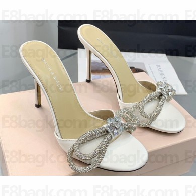 Mach & Mach Heel 9.5cm Double Crystal Bow Mules in Satin White 2024