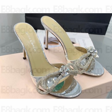 Mach & Mach Heel 9.5cm Double Crystal Bow Mules in Patent Silver 2024