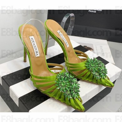 Aquazzura Heel 11cm Crystal Margarita Slingback Pumps Satin Green 2024