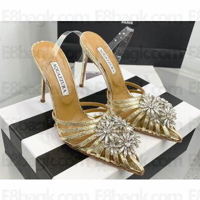 Aquazzura Heel 11cm Crystal Margarita Slingback Pumps Leather Gold 2024