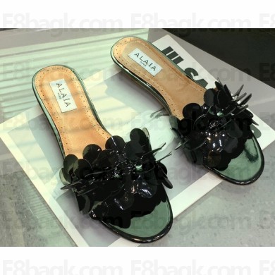 Alaia Confetti Flat Slide Sandals In Patent Leather Black 2024