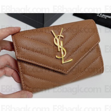 Saint Laurent Cassandre Matelassé Small Envelope Wallet In Grain De Poudre Embossed Leather 414404 Brown/Gold