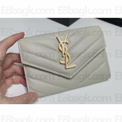 Saint Laurent Cassandre Matelassé Small Envelope Wallet In Grain De Poudre Embossed Leather 414404 Blanc Vintage/Gold