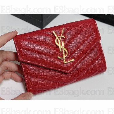 Saint Laurent Cassandre Matelassé Small Envelope Wallet In Grain De Poudre Embossed Leather 414404 Red/Gold