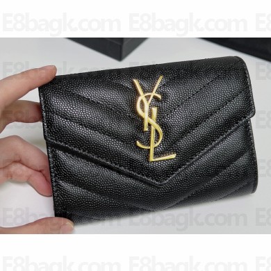 Saint Laurent Cassandre Matelassé Small Envelope Wallet In Grain De Poudre Embossed Leather 414404 Black/Gold
