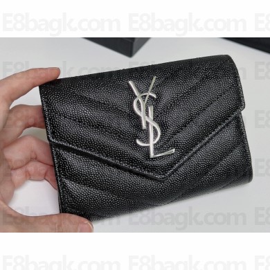 Saint Laurent Cassandre Matelassé Small Envelope Wallet In Grain De Poudre Embossed Leather 414404 Black/Silver