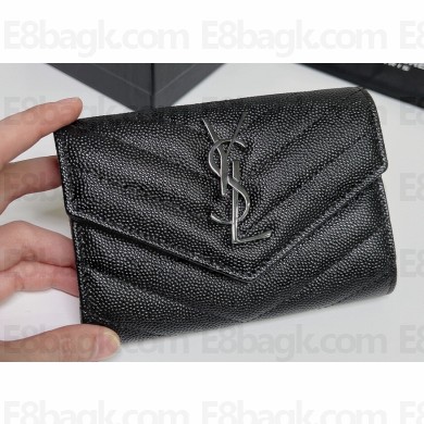 Saint Laurent Cassandre Matelassé Small Envelope Wallet In Grain De Poudre Embossed Leather 414404 Black