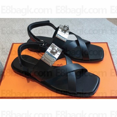 Hermes Ines sandals Black in calfskin with iconic oversized Kelly buckle 2024