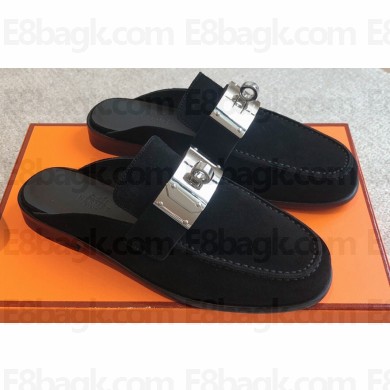 Hermes Iota mules Black in suede goatskin with iconic oversized Kelly buckle 2024