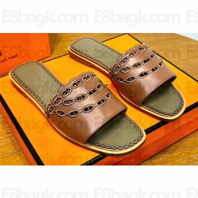 Hermes Gaelle sandals Brown in Calfskin with with signature "Chaine d'Ancre" embroidery Top Quality 2024