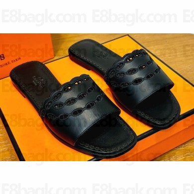 Hermes Gaelle sandals Black in Calfskin with with signature "Chaine d'Ancre" embroidery Top Quality 2024