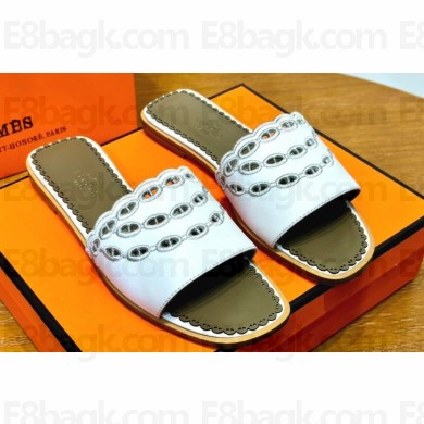 Hermes Gaelle sandals White in Calfskin with with signature "Chaine d'Ancre" embroidery Top Quality 2024