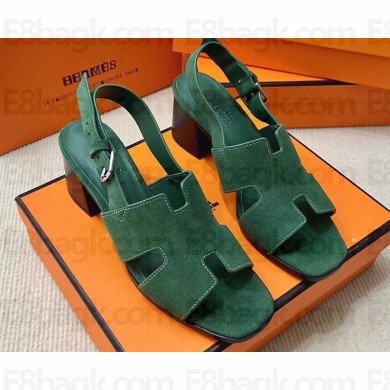 Hermes Elbe 60 sandals Green in suede goatskin with "H" cut-out details Top Quality 2024