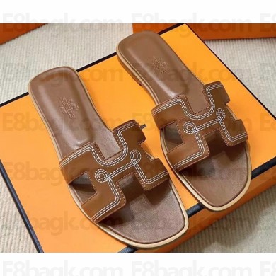 Hermes Oran sandals Brown in Calfskin with "H" cut-out and Stitches details Top Quality 2024