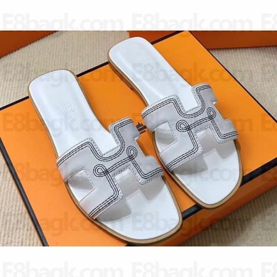 Hermes Oran sandals in Calfskin White with "H" cut-out and Stitches details Top Quality 2024