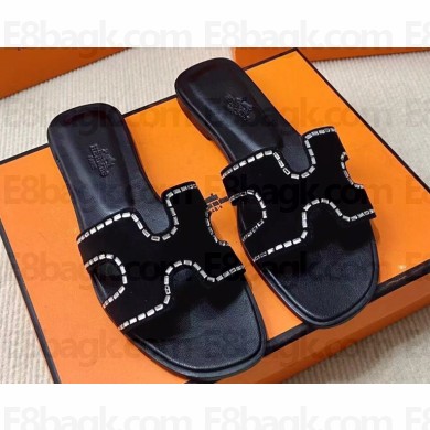 Hermes Oran sandals Black in suede goatskin with iconic "H" cut-out and rhinestone details Top Quality 2024