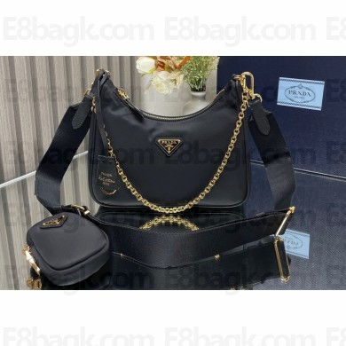 Prada Re-Edition 2005 Re-Nylon Hobo Bag 1BH204 Black/Gold 2024