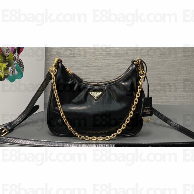 Prada Re-Edition 2005 Leather Shoulder Hobo Bag with Leather shoulder strap 1BH204 black 2024