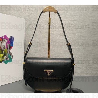Prada Arqué leather shoulder bag with flap 1BD365 Black 2024