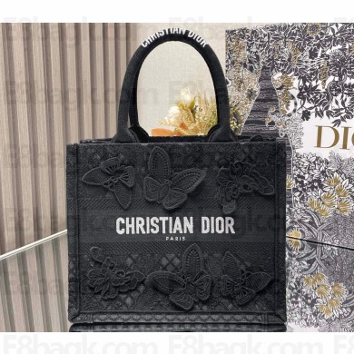 Dior Small Book Tote Bag in Black D-Lace Butterfly Embroidery with 3D Macramé Effect 2024