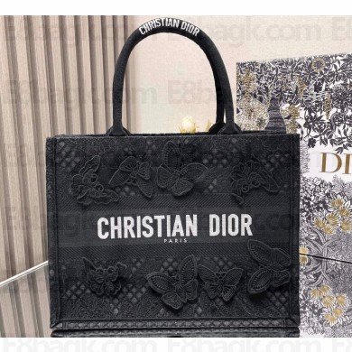 Dior Medium Book Tote Bag in Black D-Lace Butterfly Embroidery with 3D Macramé Effect 2024