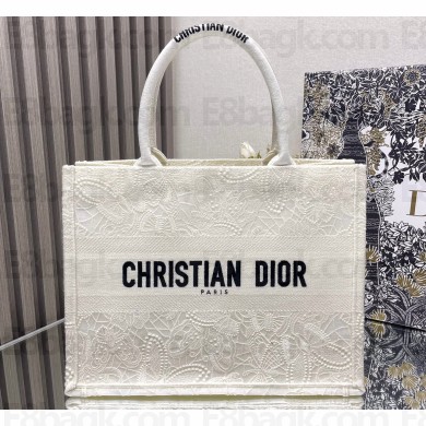 Dior Medium Book Tote Bag in White D-Lace Butterfly Embroidery 2024