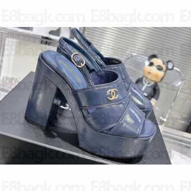 Chanel Patent Crumpled Lambskin Platform Sandals G45016 Blue 2024