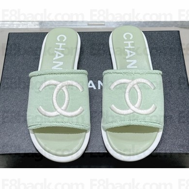 Chanel CC Logo Fabric Flat Mules Green 2024